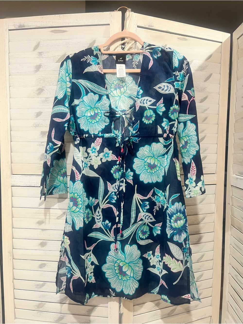 100% cotton - Navy Floral Tie-Front Tunic Dress with Teal Accents